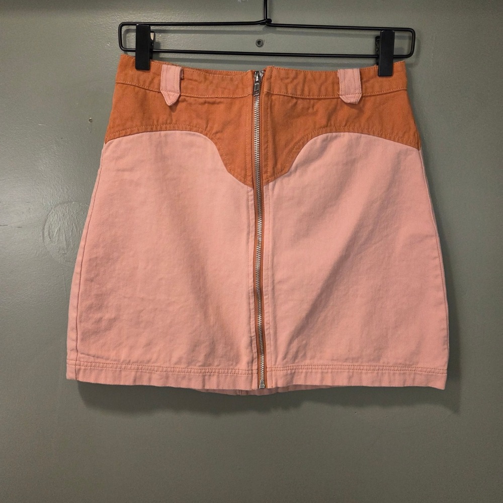Dee Elly Women's Denim Mini Skirt Front Zipper Western, Size‎ M, Pink Orange